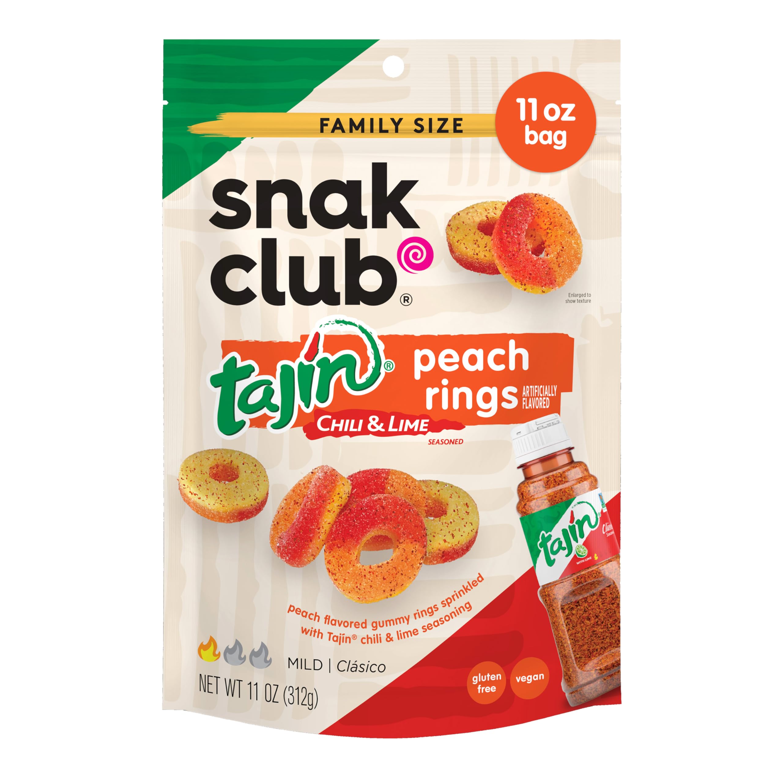 Snak Club Peach Rings Tajin bag front for easy sharing.