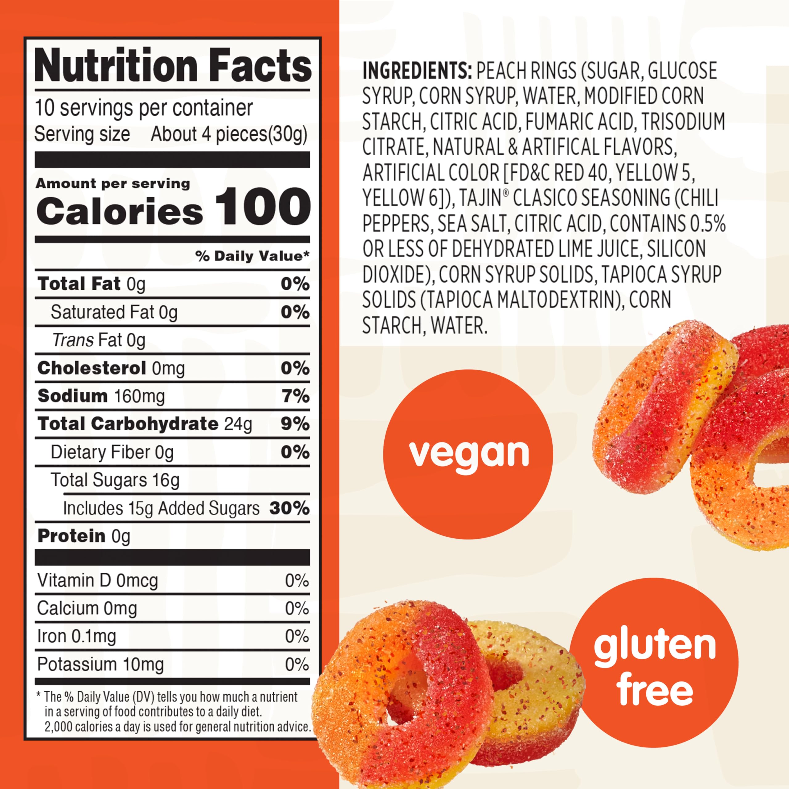Snak Club Peach Rings Tajin close-up with chili-lime dust.