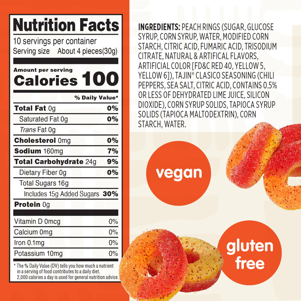Snak Club Peach Rings Tajin close-up with chili-lime dust.