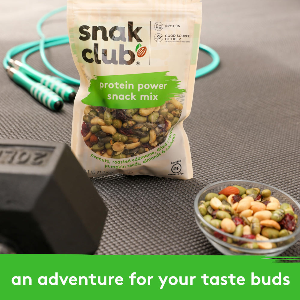 Snak Club shows 8g protein per serving in a portable packaging