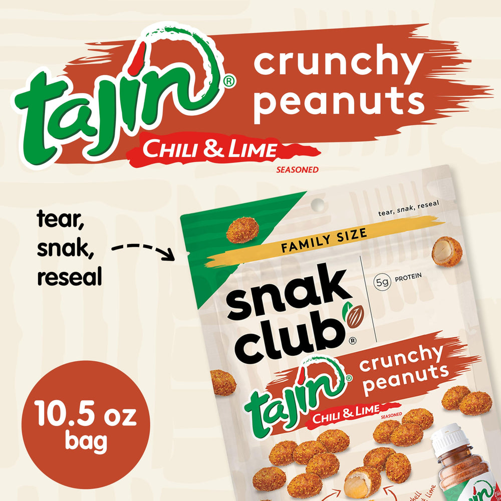 Tajin Crunchy Peanuts in a resealable bag for fresh snacking anywhere.