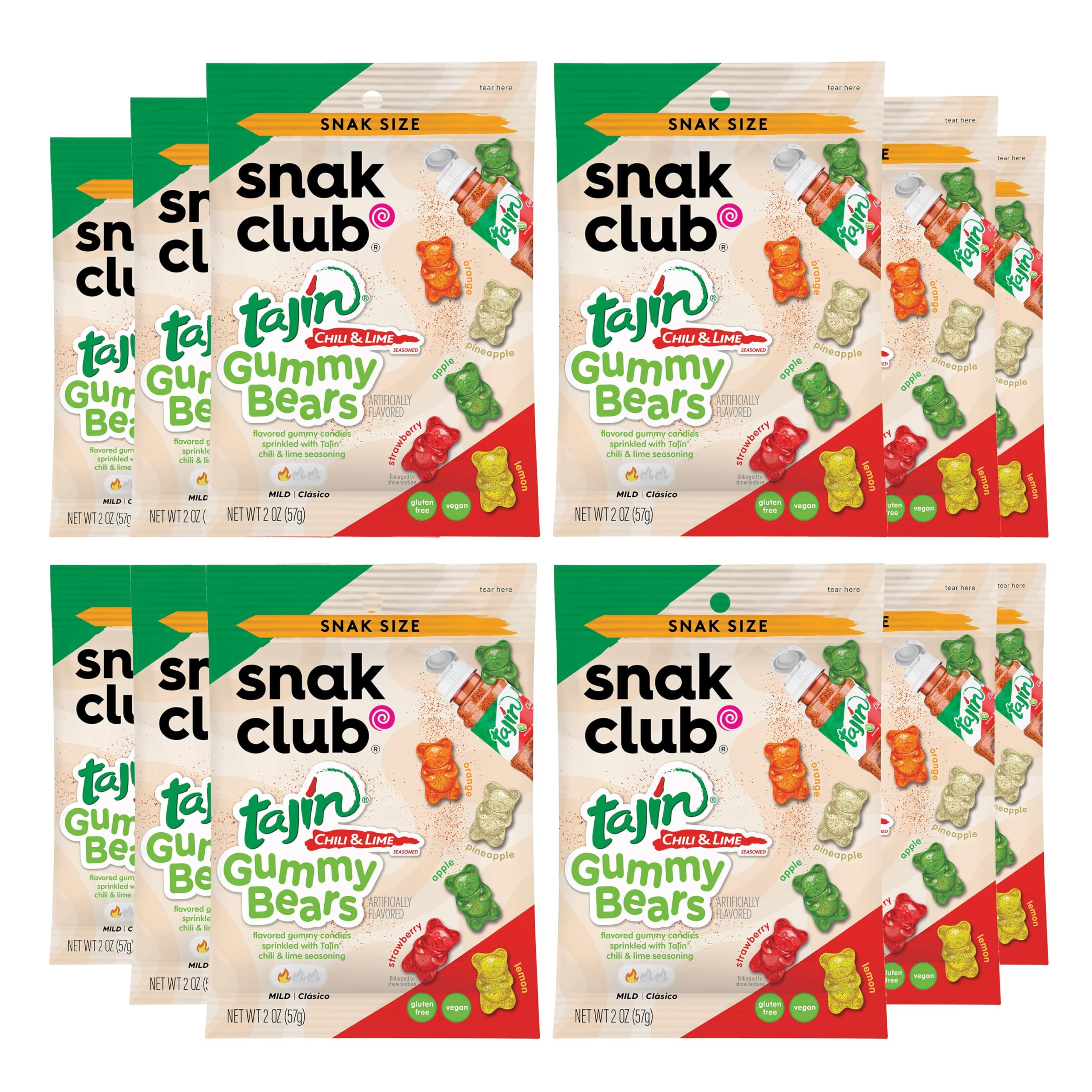 Snak Club Tajin Gummy Bears front packaging with bold chili-lime seasoning.