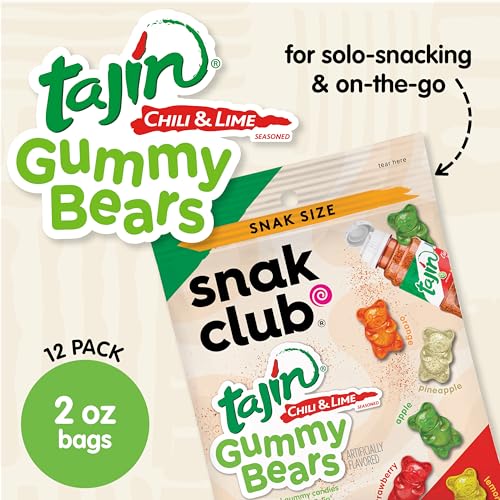 Snak Club Tajin Gummy Bears in strawberry, lemon, and pineapple flavors.