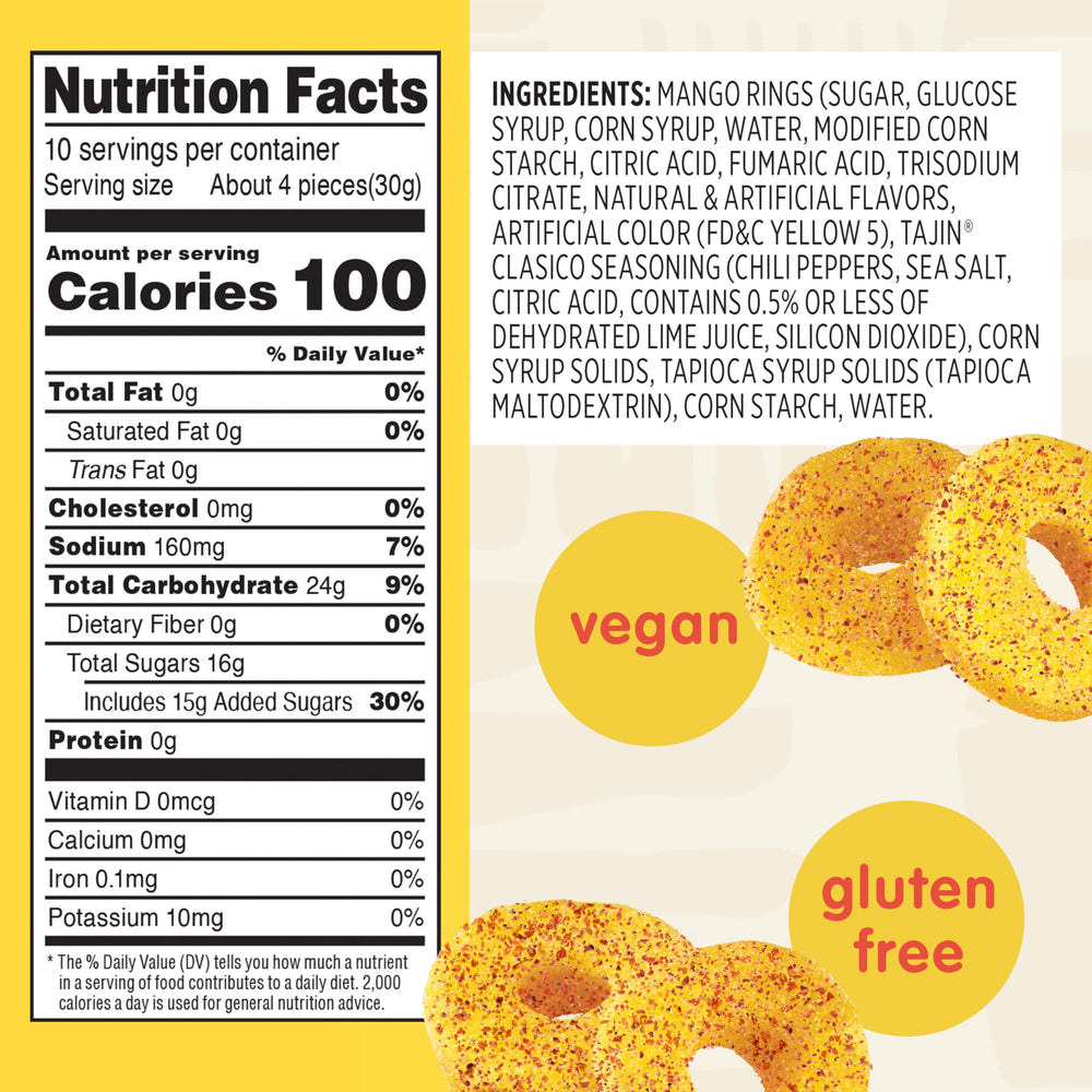 Close-up of Snak Club Tajin Mango Rings showing Tajin chili-lime seasoning.