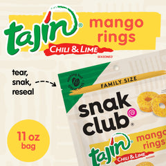Snak Club Tajin Mango Rings with chili-lime Tajin coating emphasizing flavor.