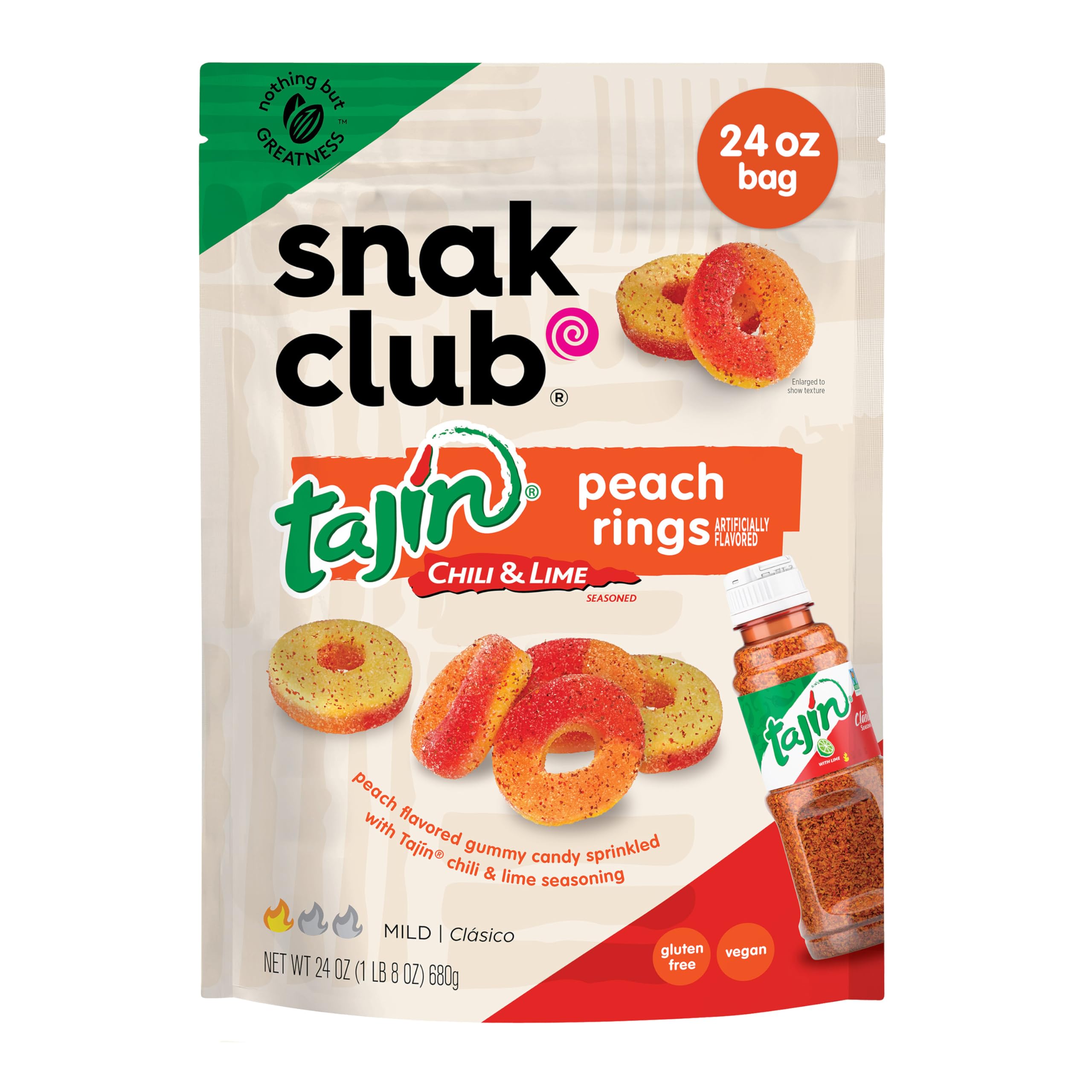 Snak Club Tajín Peach Rings bag front with bold fruity heat for on-the-go snacking.