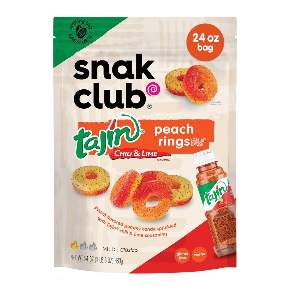 Snak Club Tajín Peach Rings bag front with bold fruity heat for on-the-go snacking.