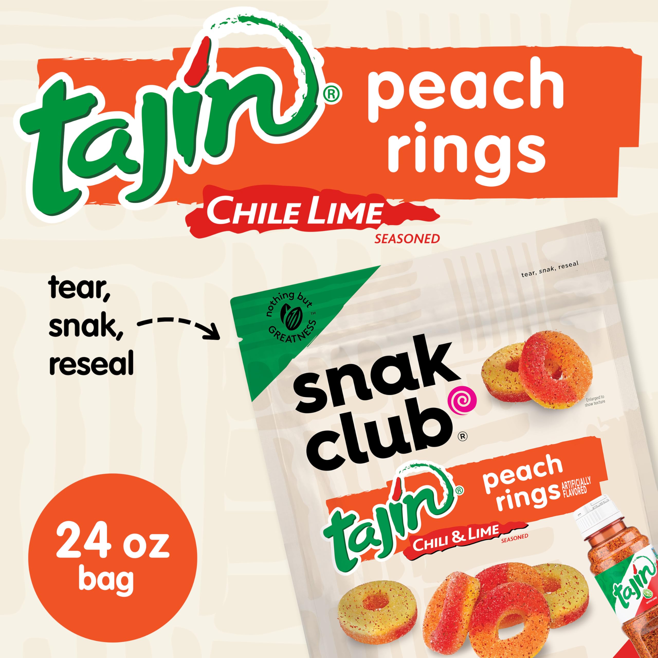 Snak Club Tajín Peach Rings ingredients-back details gluten-free vegan formula.