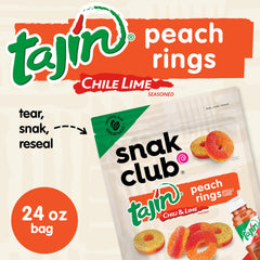 Snak Club Tajín Peach Rings ingredients-back details gluten-free vegan formula.