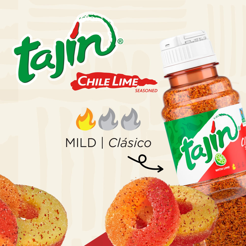 Snak Club Tajín Peach Rings packaging layout featuring 24 oz resealable bag.