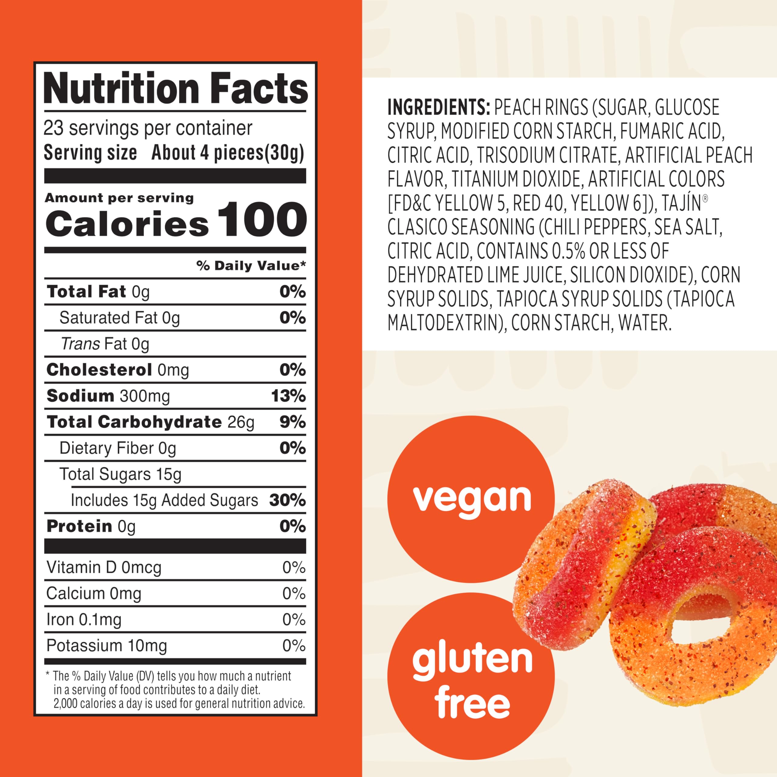 Snak Club Tajín Peach Rings seal close-up highlighting chili lime notes.