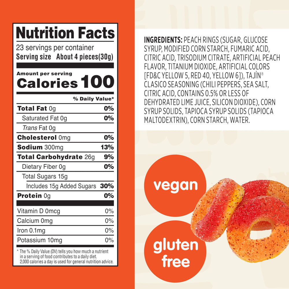 Snak Club Tajín Peach Rings seal close-up highlighting chili lime notes.