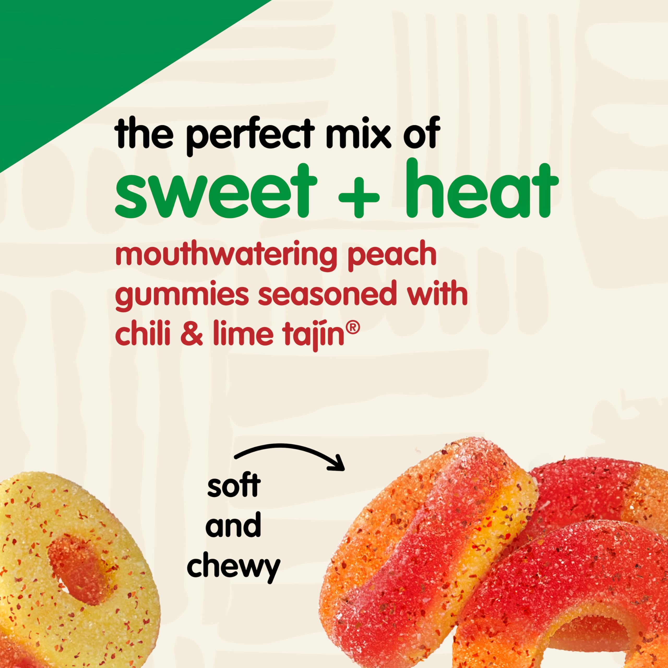 Snak Club Tajín Peach Rings texture close-up shows chewy fruit gummies.
