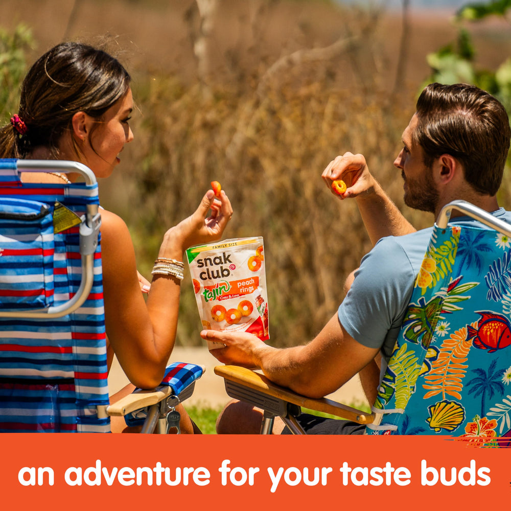 Snak Club Tajín Peach Rings travel snack idea in backpack or bag.