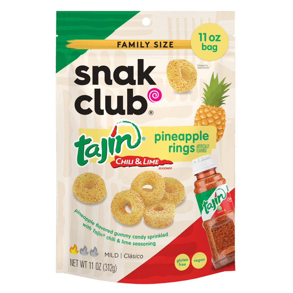 Snak Club Tajin Pineapple Rings in bag for on-the-go snacking.