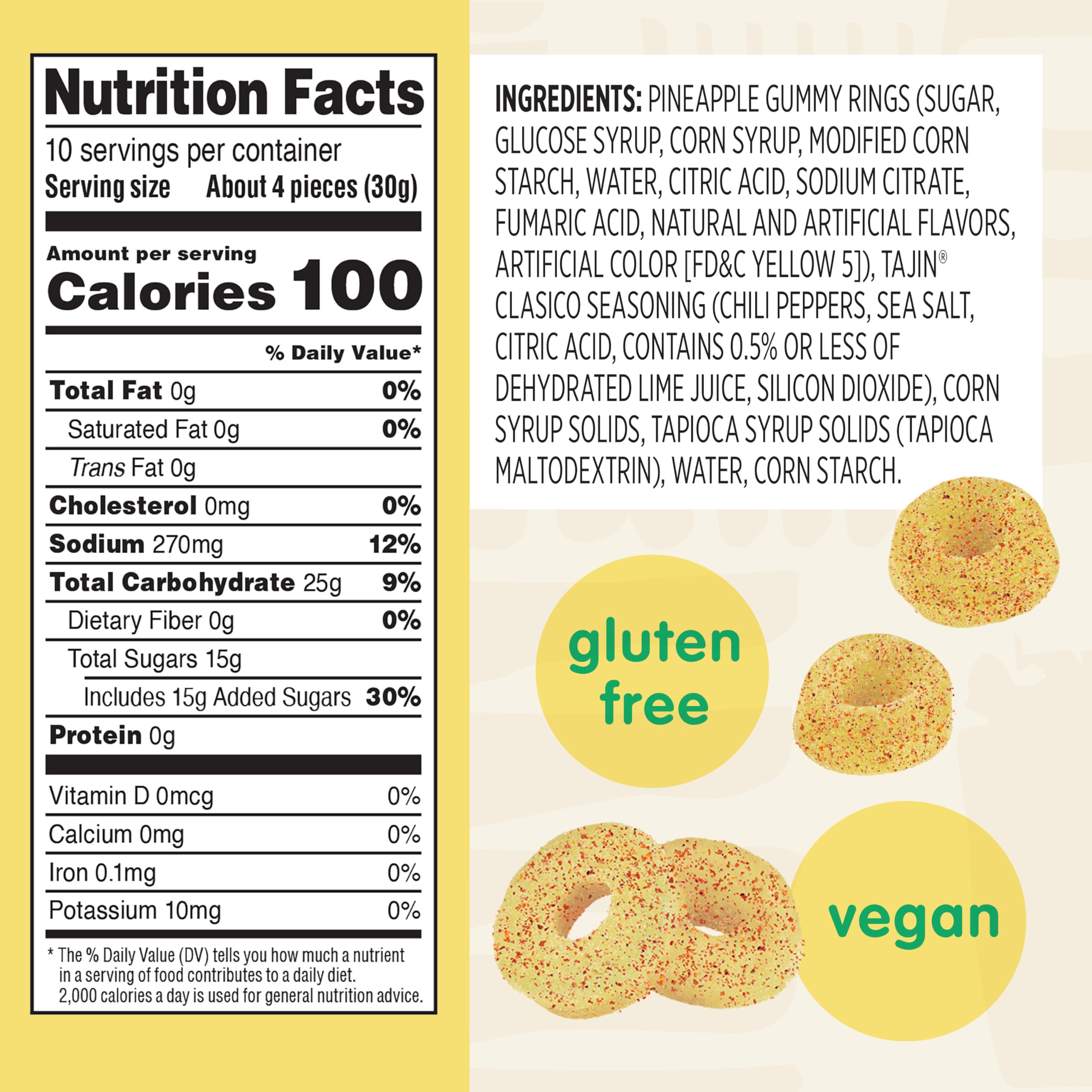 Close-up of Snak Club Tajin Pineapple Rings with Tajin seasoning.