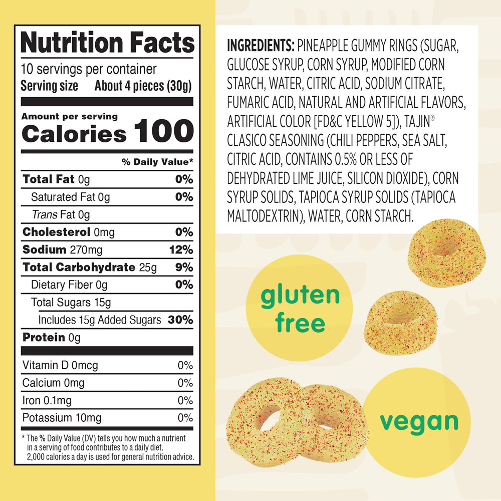 Close-up of Snak Club Tajin Pineapple Rings with Tajin seasoning.