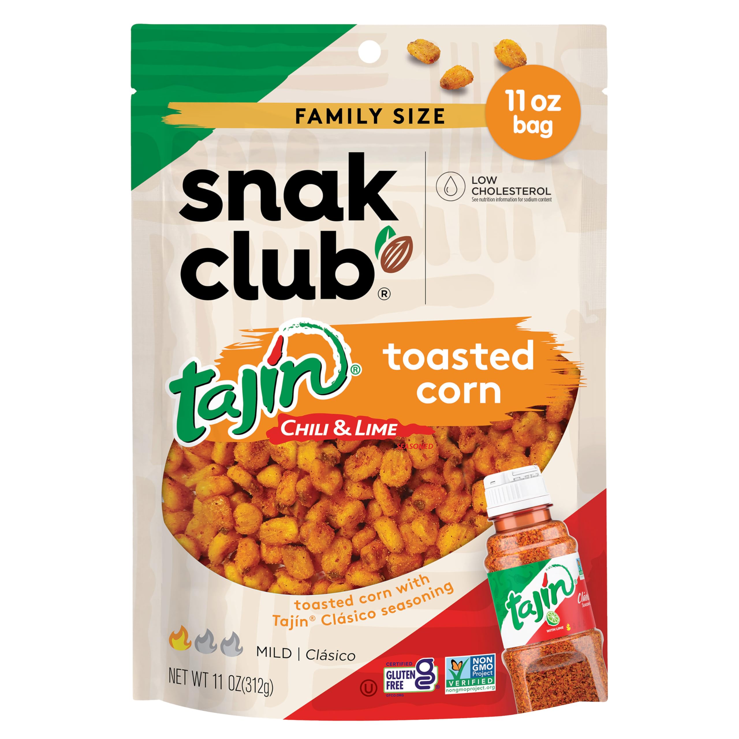 Snak Club Tajin Toasted Corn bag front shows resealable packaging for fresh snacking on the go.