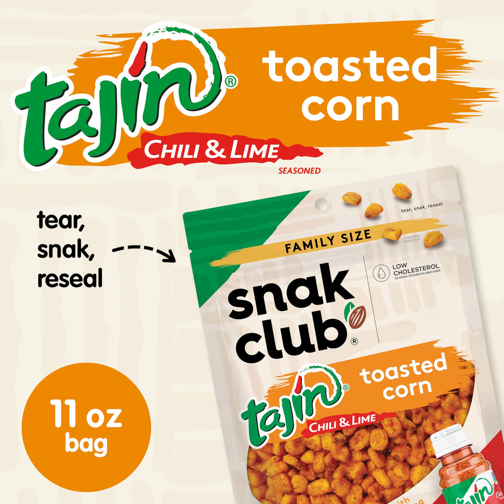 Snak Club Tajin Toasted Corn nuggets close-up shows crispy texture and chili-lime coating.