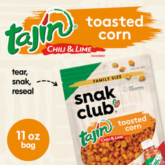 Snak Club Tajin Toasted Corn nuggets close-up shows crispy texture and chili-lime coating.