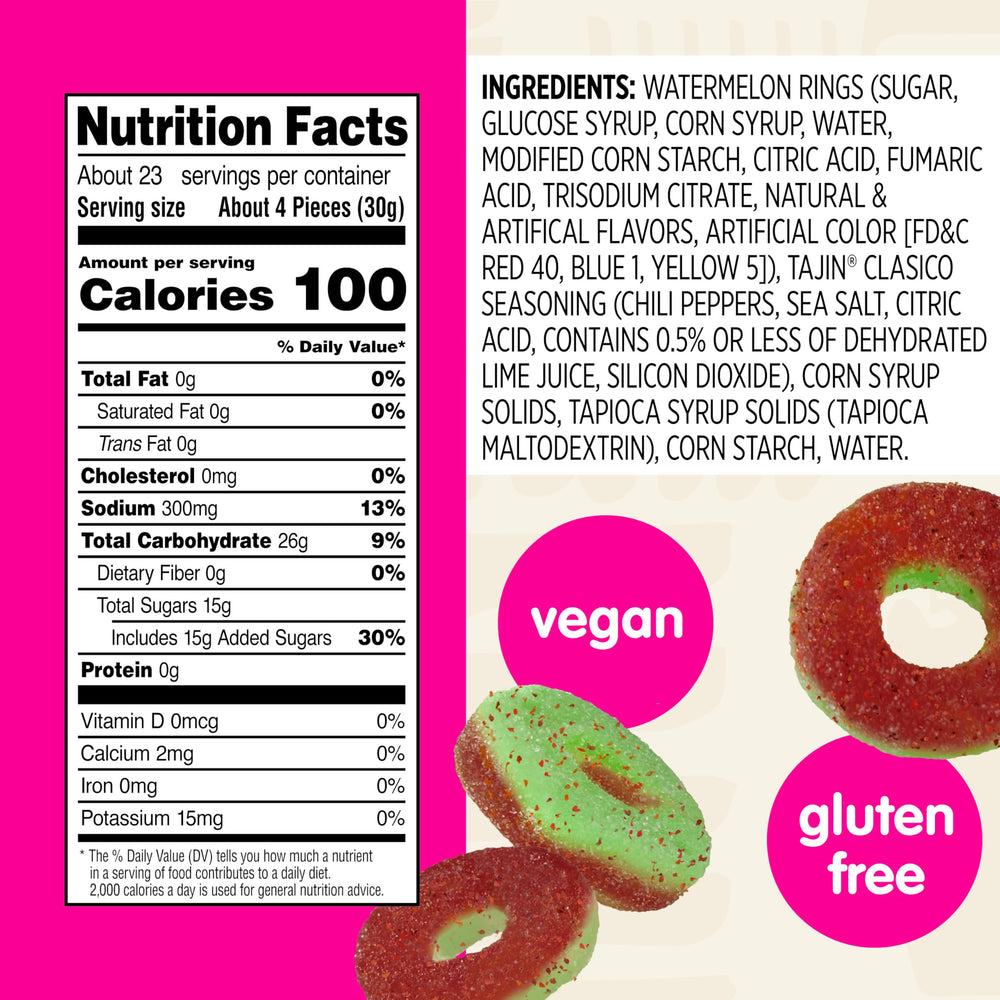 Snak Club Tajín Watermelon Rings in resealable 24oz bag, ideal for on-the-go