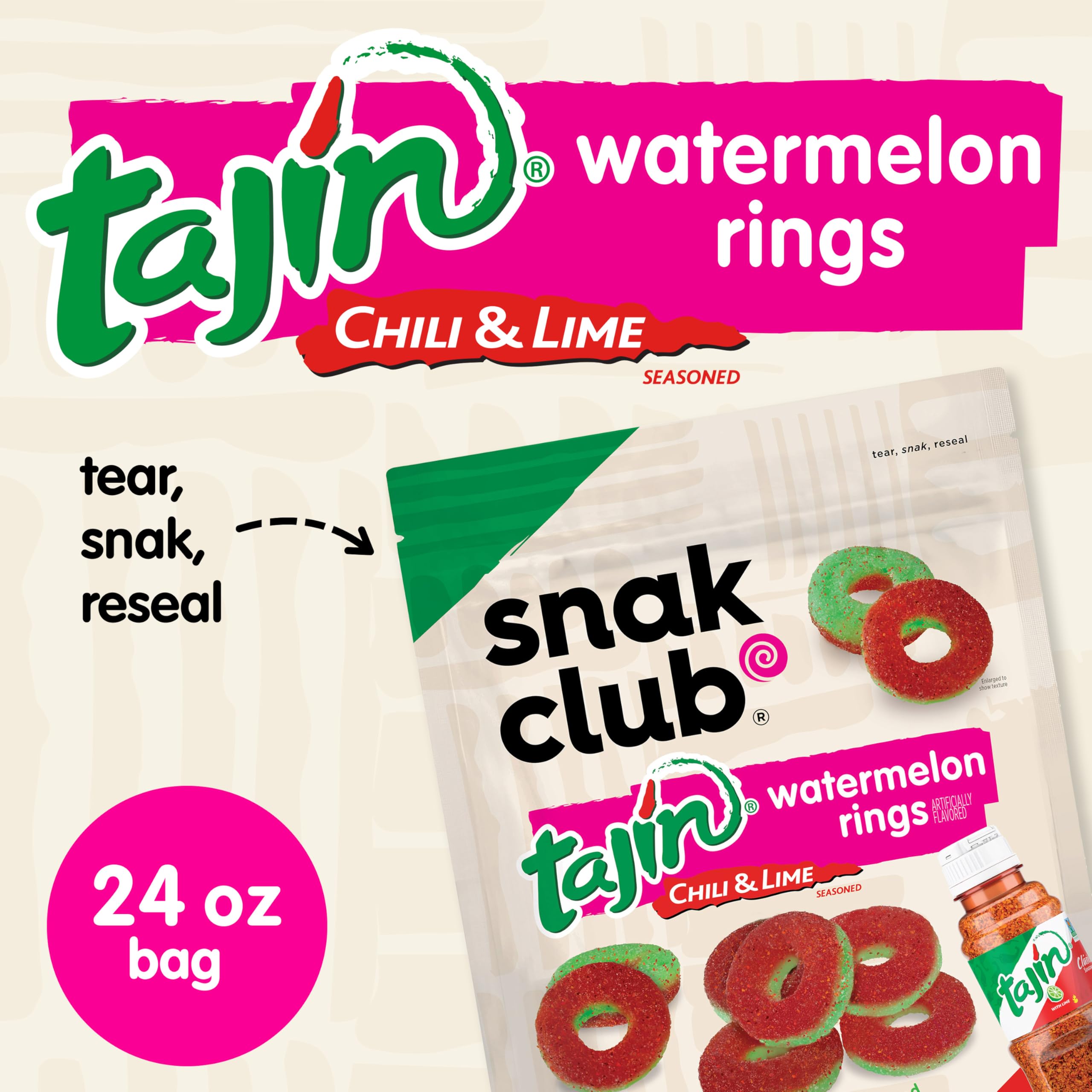 Closeup of Tajín seasoning dust on watermelon gummies, hinting at citrus heat