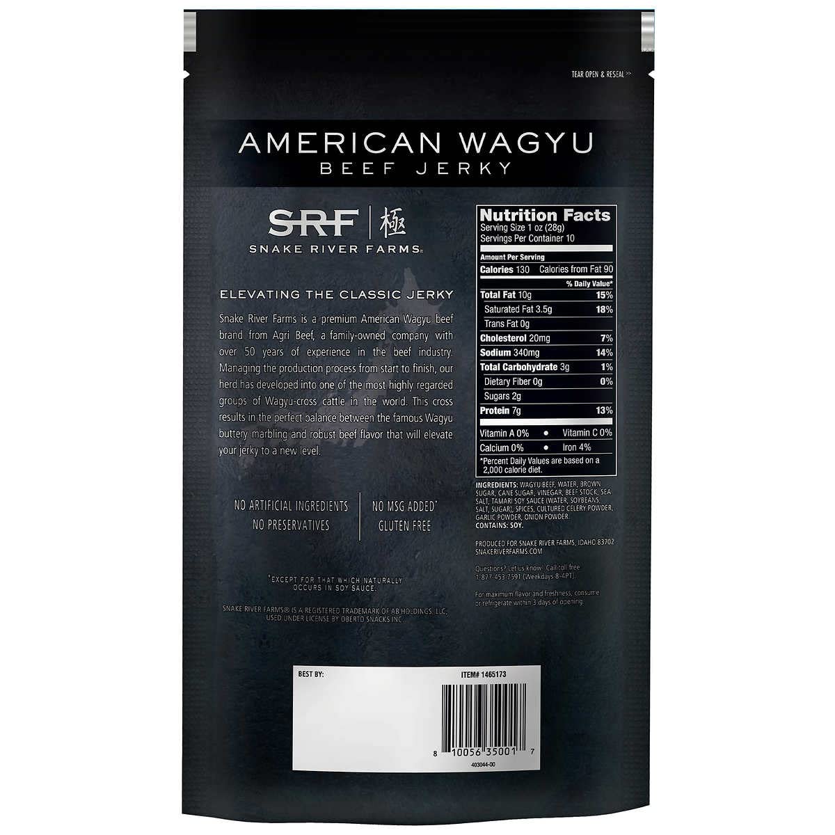 Close-up of Wagyu jerky texture showing rich marbling for premium snack flavor from Snake River Farms.