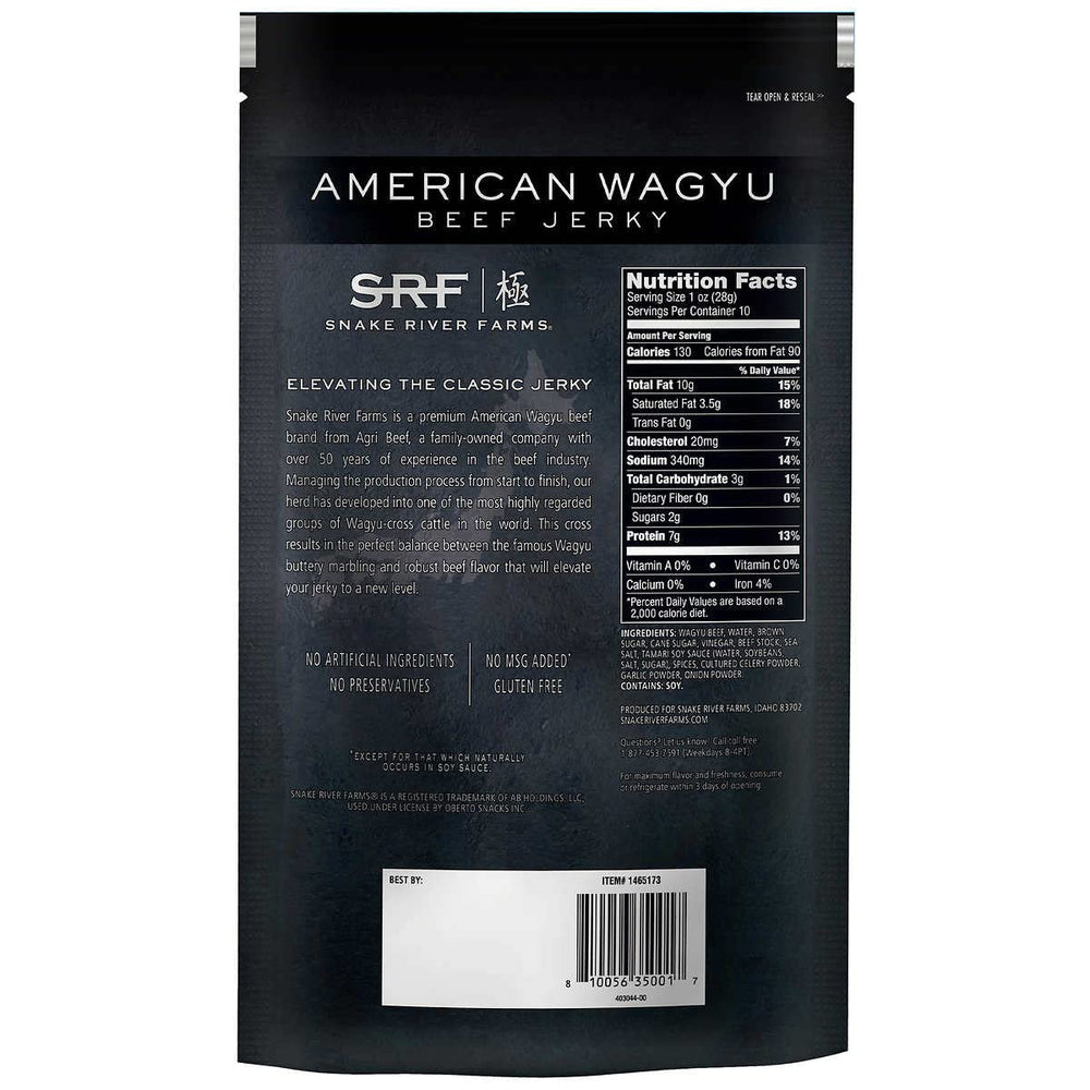 Close-up of Wagyu jerky texture showing rich marbling for premium snack flavor from Snake River Farms.