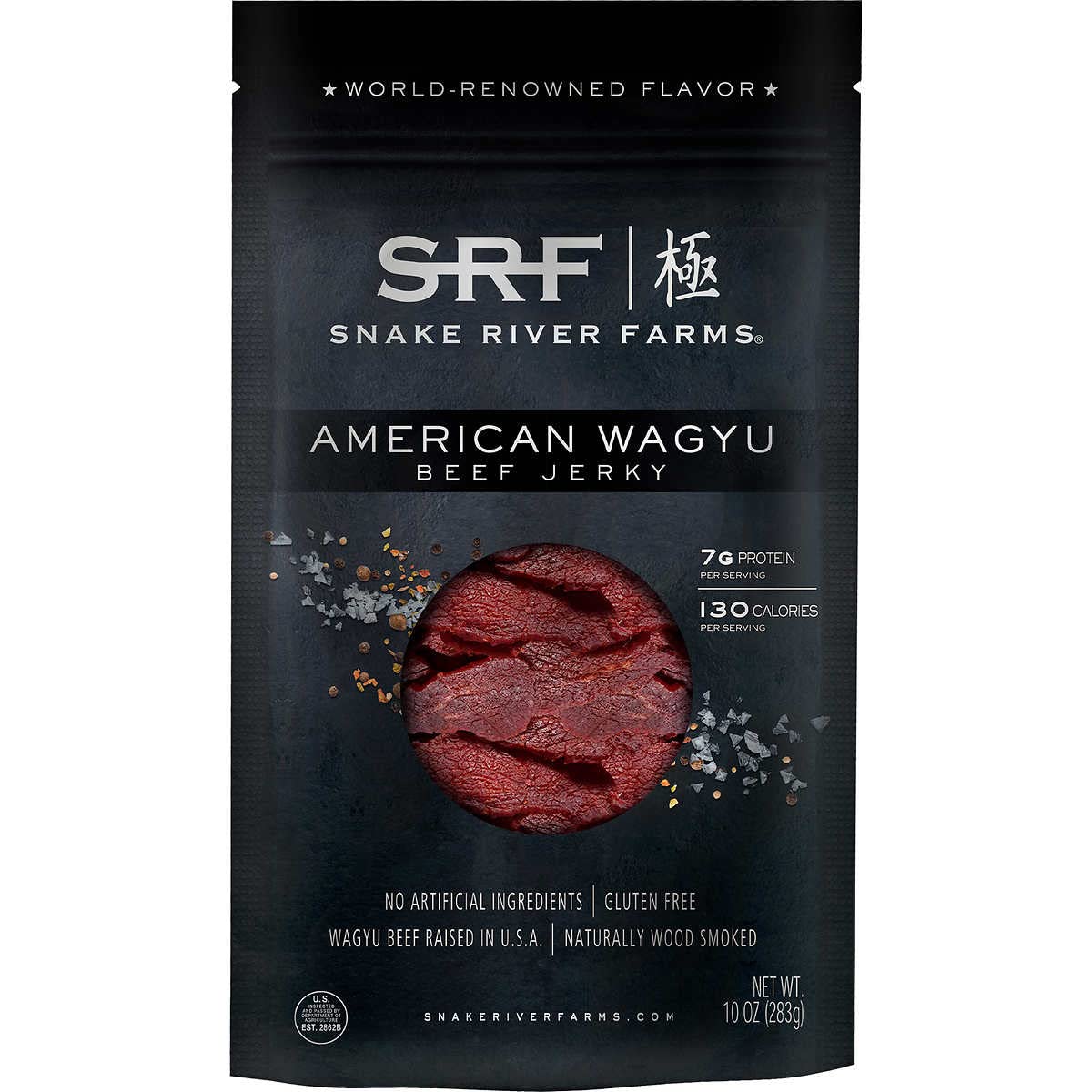 Snake River Farms American Wagyu Beef Jerky 10 oz pack, premium snack option.