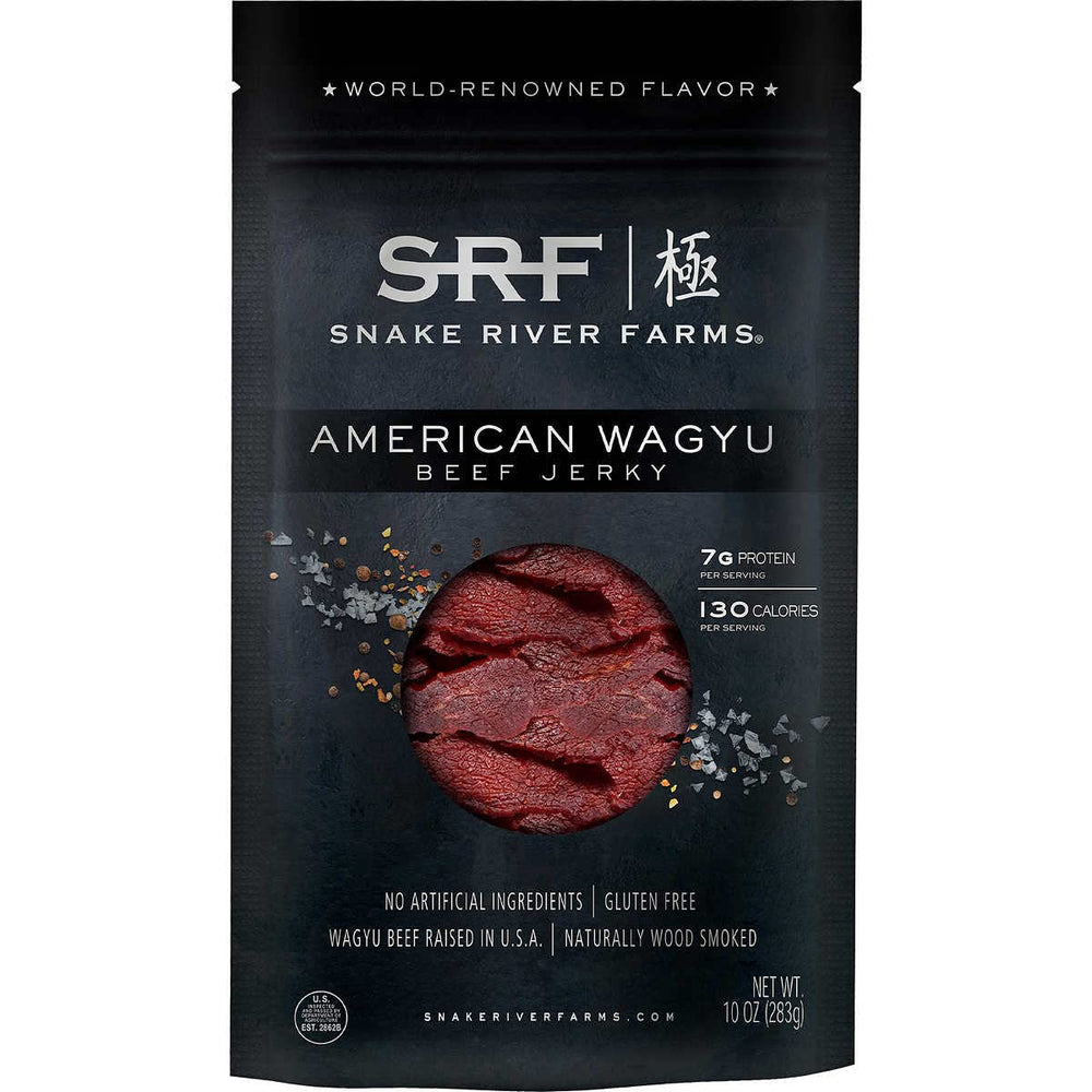 Snake River Farms American Wagyu Beef Jerky 10 oz pack, premium snack option.