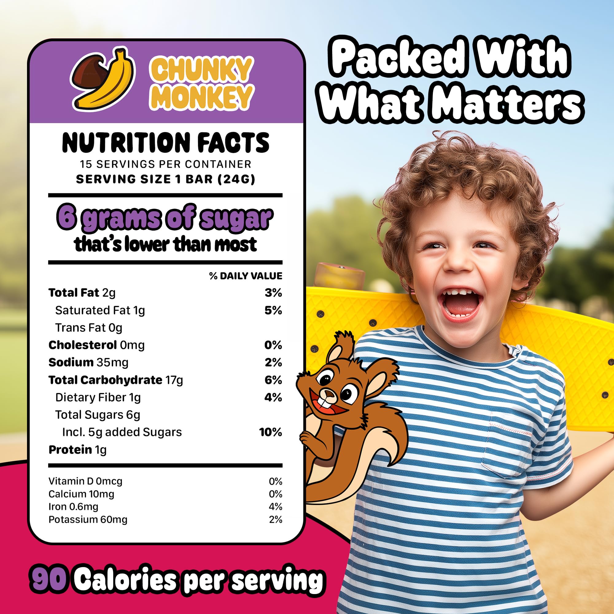 Snakkidz bars in lunchbox scene, low sugar for steady energy.