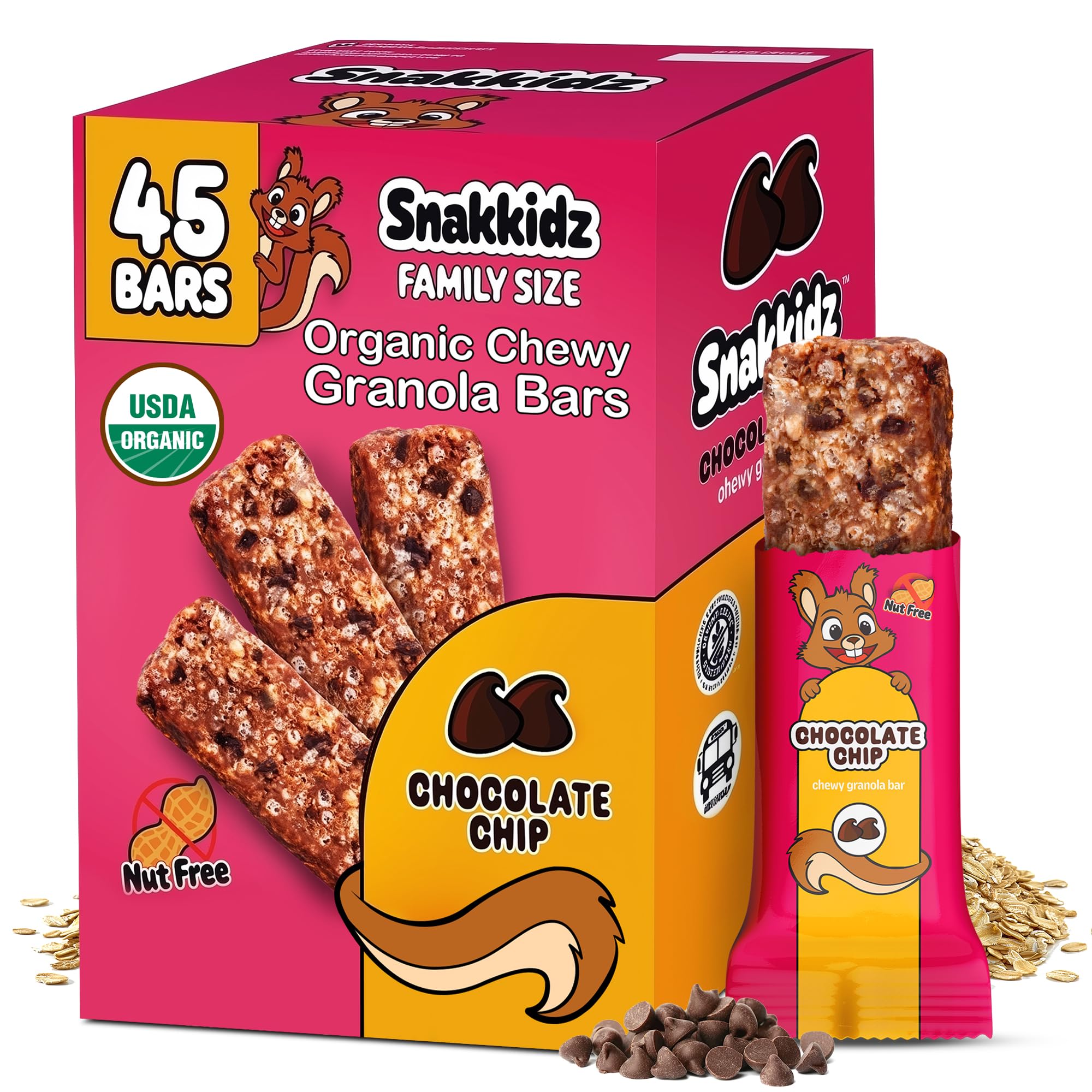 Snakkidz organic chewy granola bar chocolate chip close up showing soft bite for kids