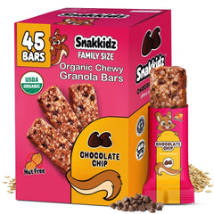 Snakkidz organic chewy granola bar chocolate chip close up showing soft bite for kids