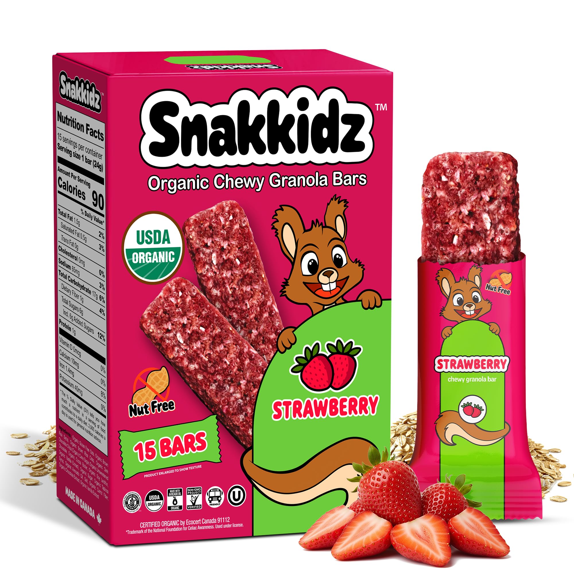 Snakkidz organic chewy granola bar strawberry front shows wholesome ingredients for lunchbox energy.