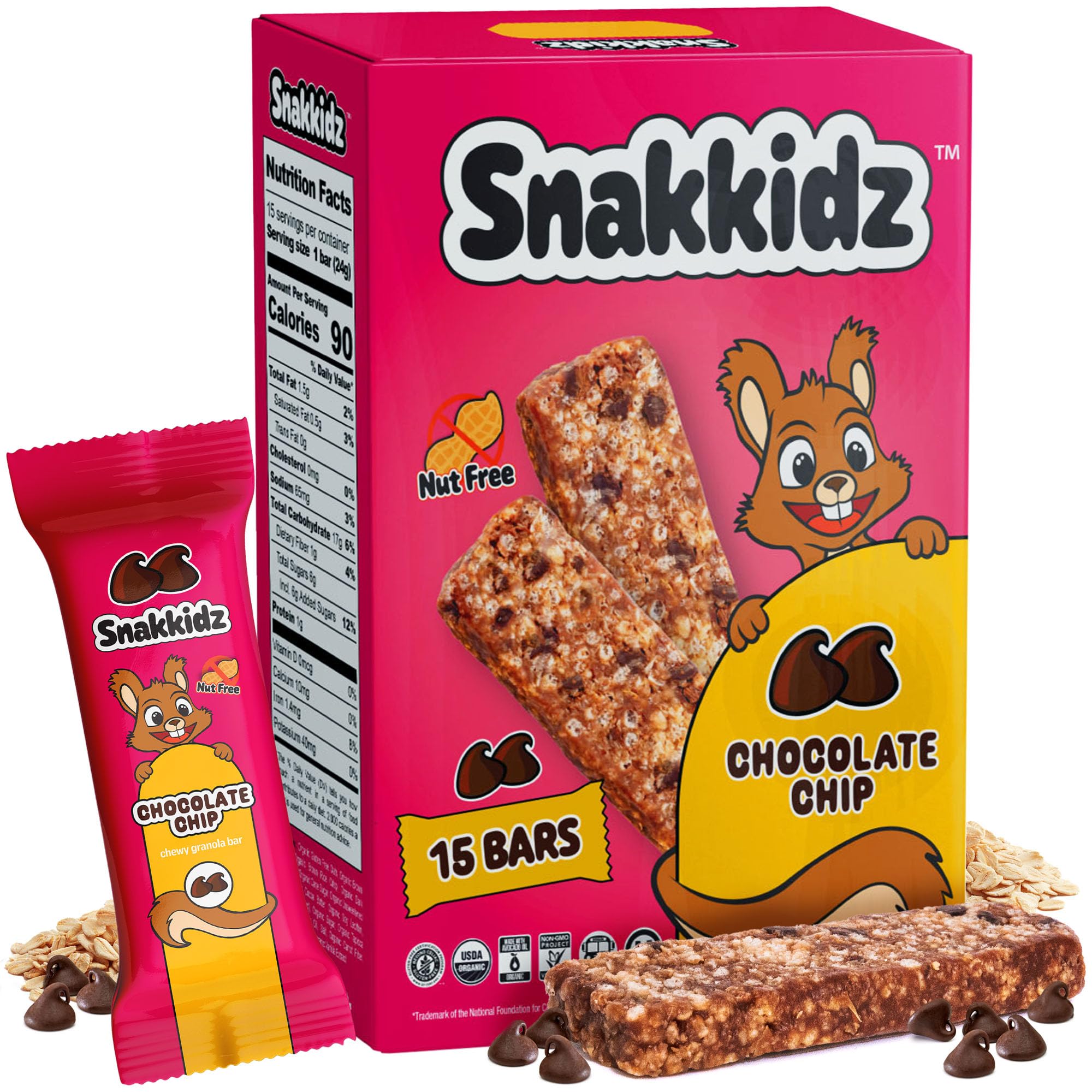 Snakkidz chocolate chip granola bar packaging shown, ideal for school lunches