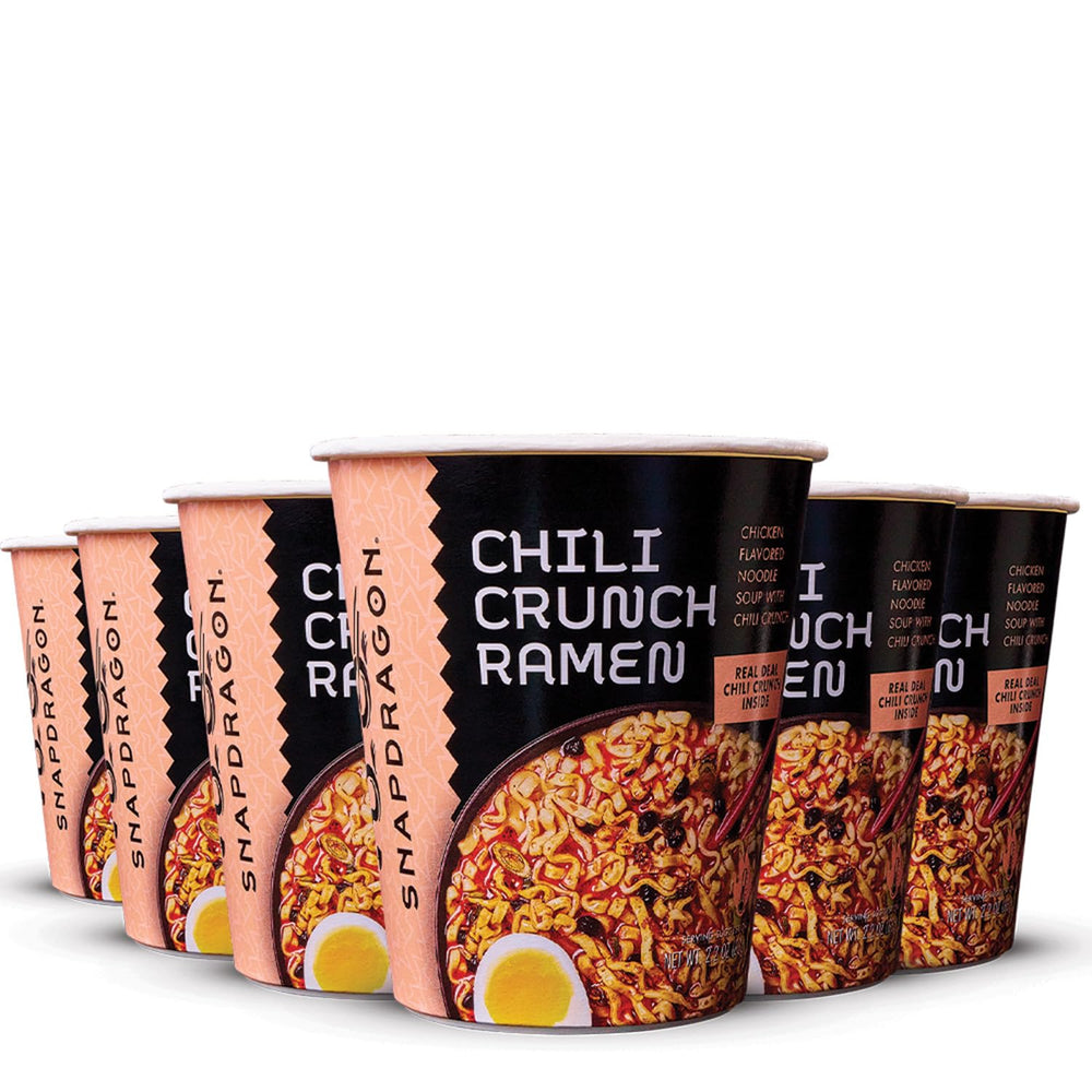 Snapdragon Chili Crunch Ramen Cup noodles close-up, ready in minutes for busy lunches.