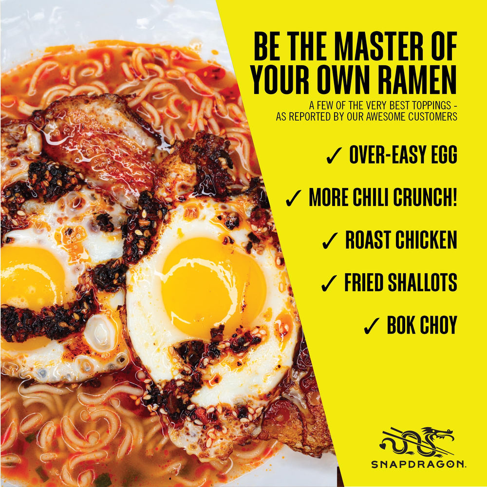 Snapdragon Chili Crunch Ramen Cup six-pack on pantry shelf for quick meals.
