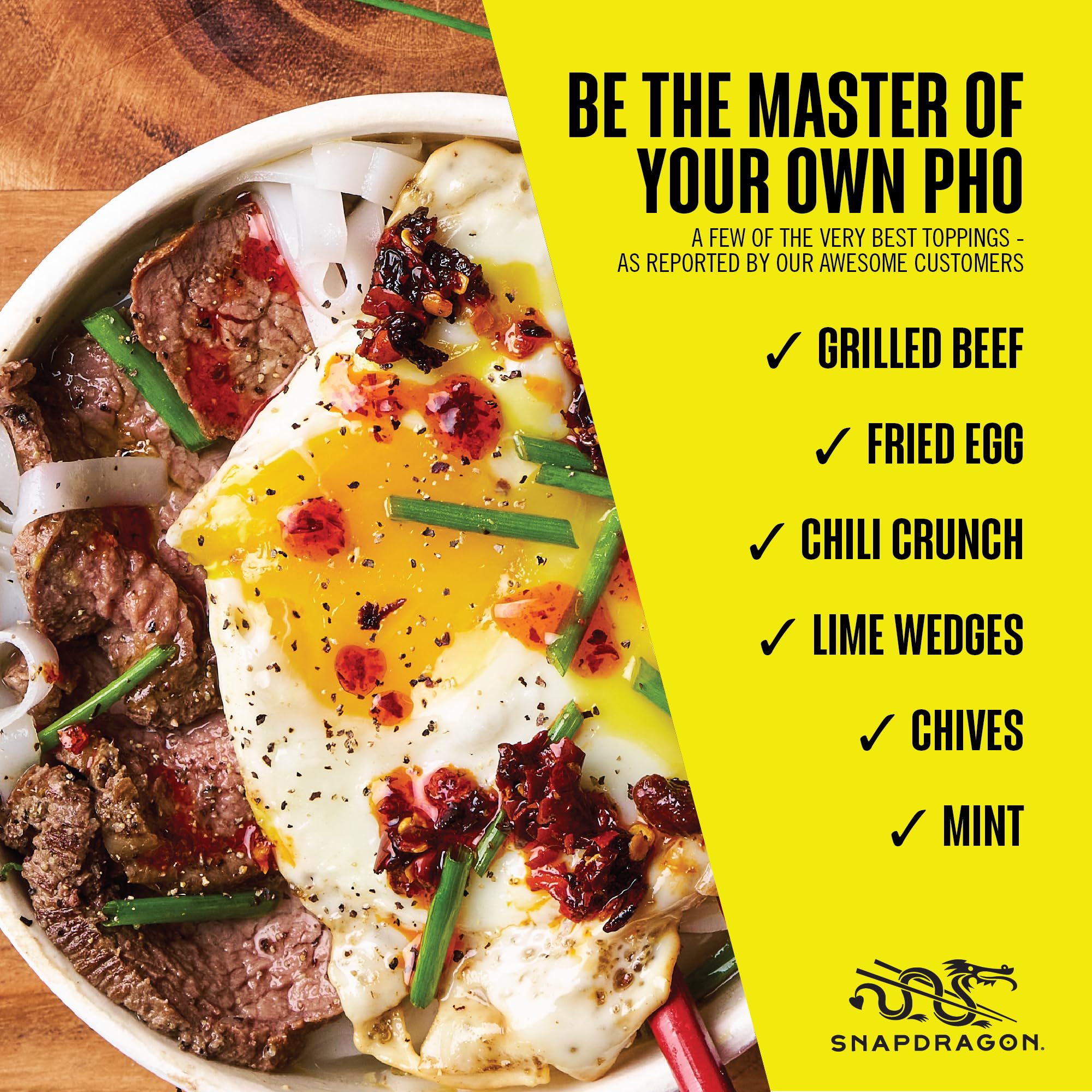Snapdragon Pho herbs lime image illustrates customizable toppings for bright notes.