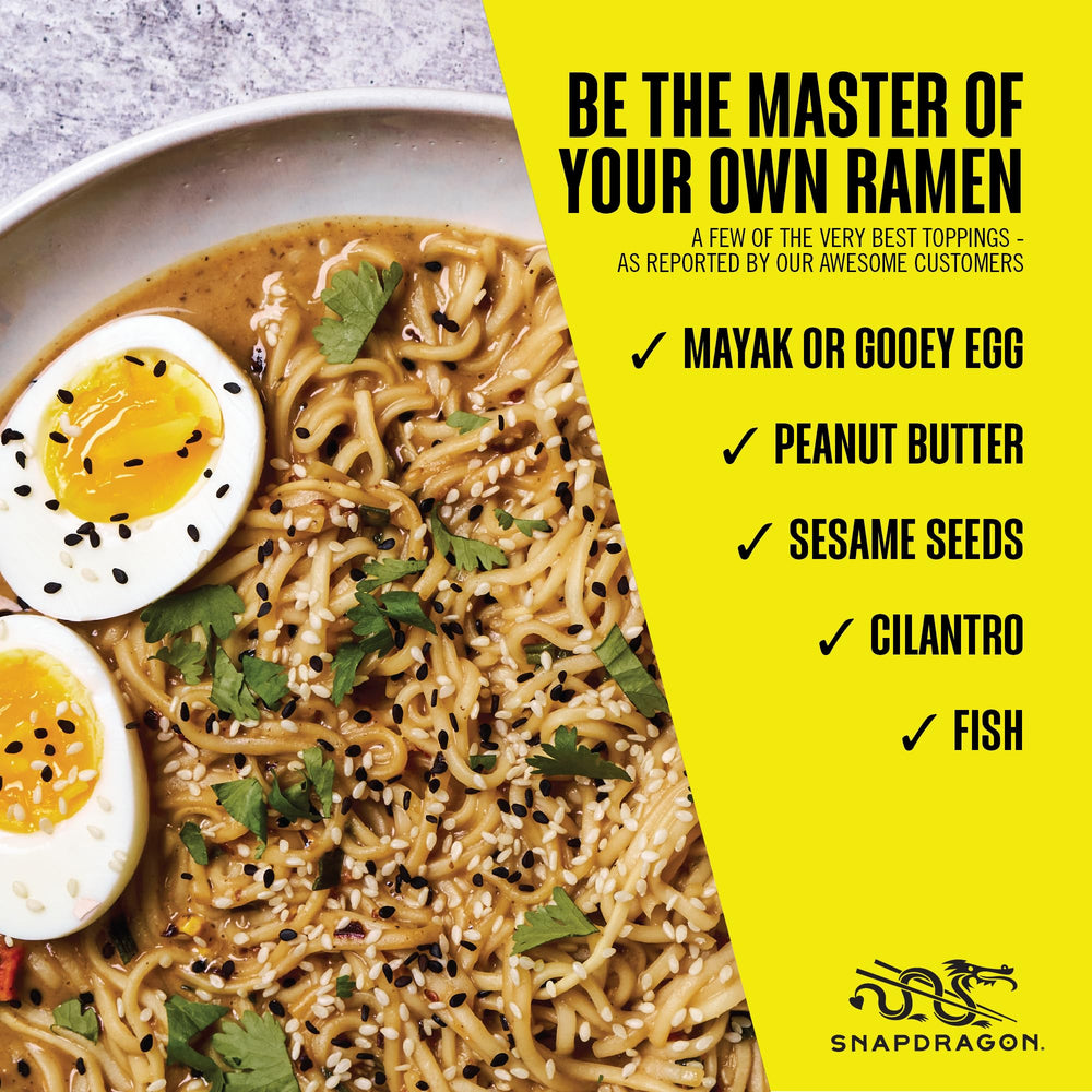 Microwave-ready Snapdragon Tonkotsu ramen cup, ready in minutes.