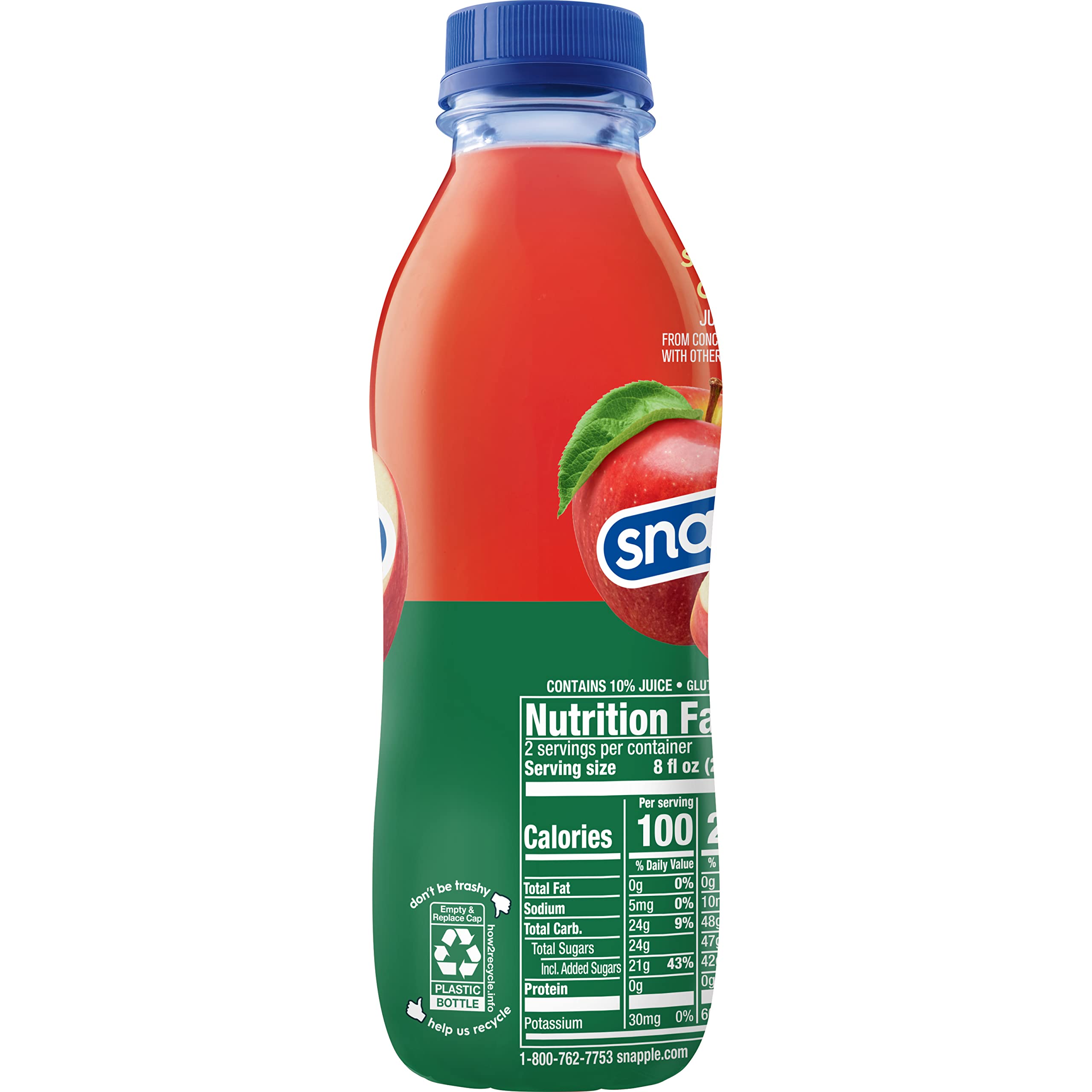 Snapple Apple juice bottle side angle highlights real juice content.