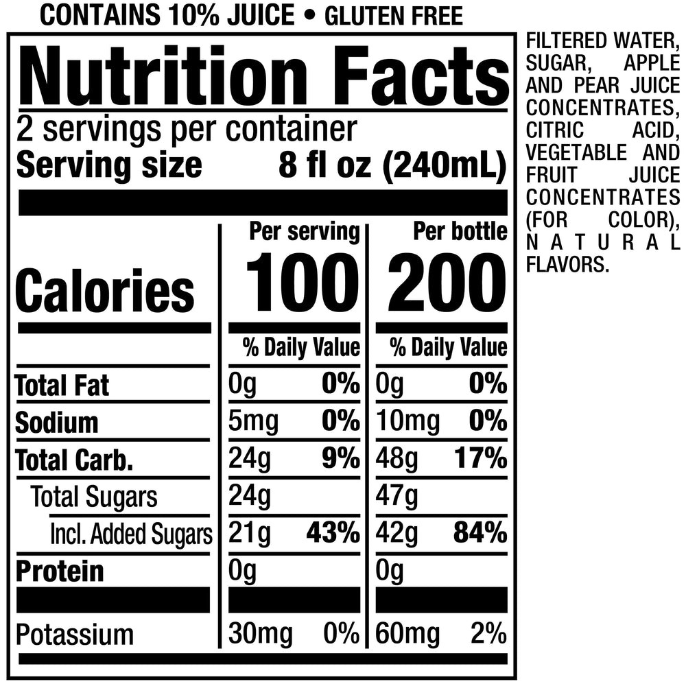 Snapple Apple ten percent real juice label communicates real fruit content.