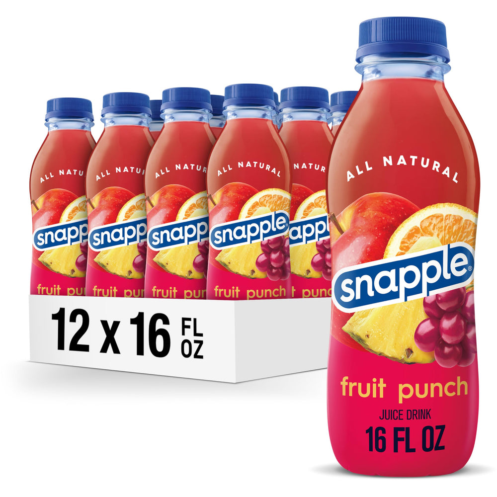 Snapple Fruit Punch bottle front view; refreshing 10% real juice flavor.