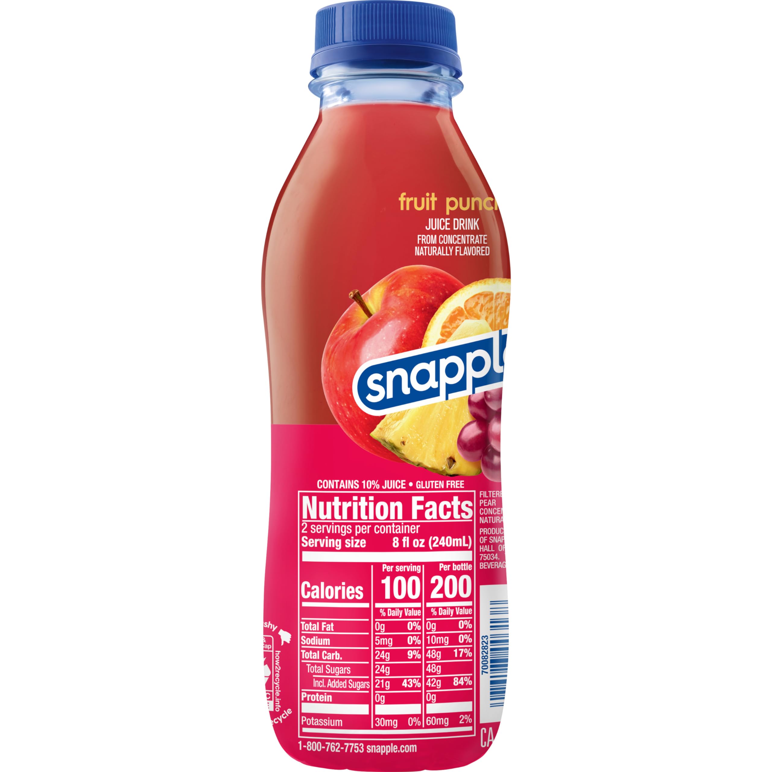 Snapple Fruit Punch label shows gluten-free and no artificial flavors.