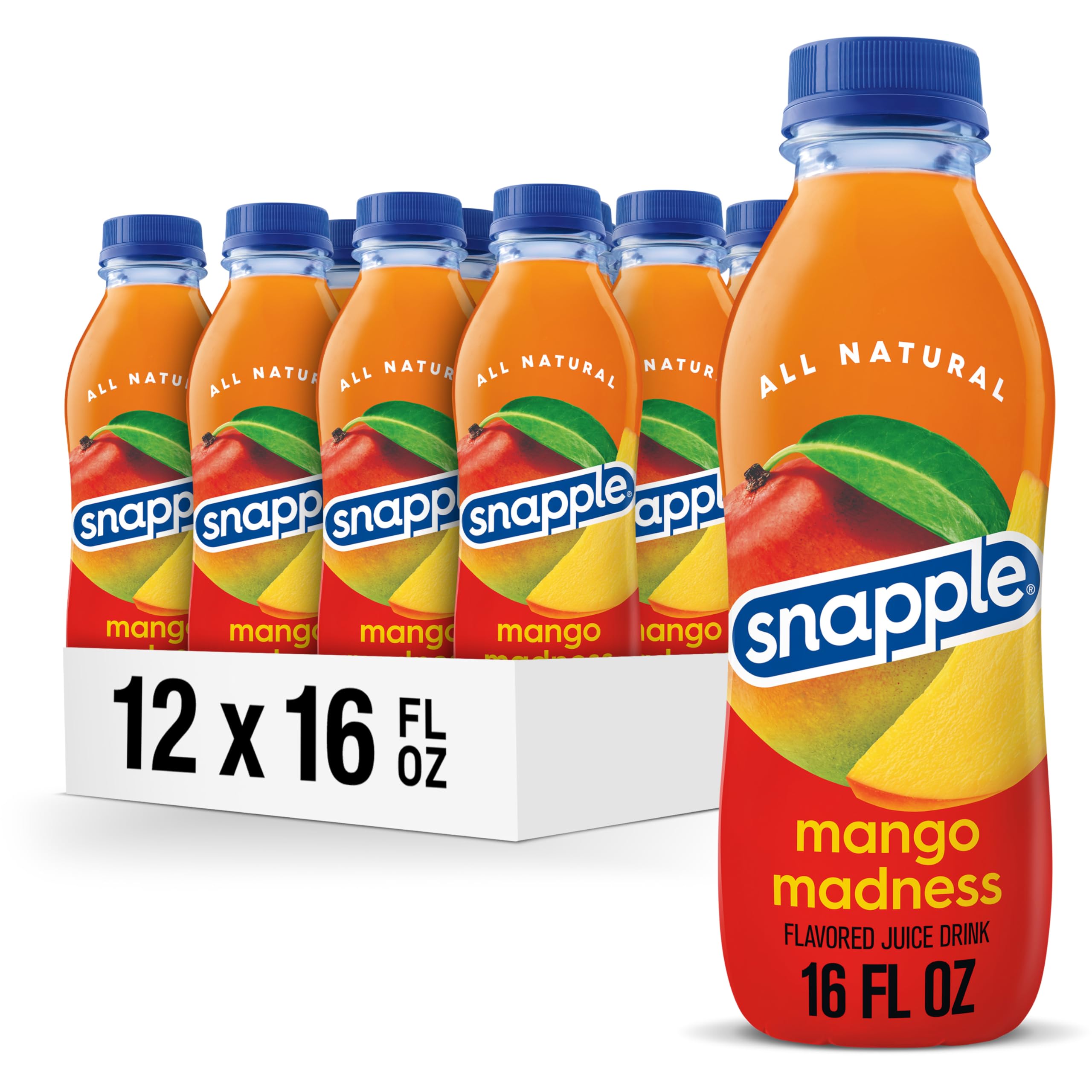 Snapple Mango Madness bottle front showing bright mango flavor ready for refreshment