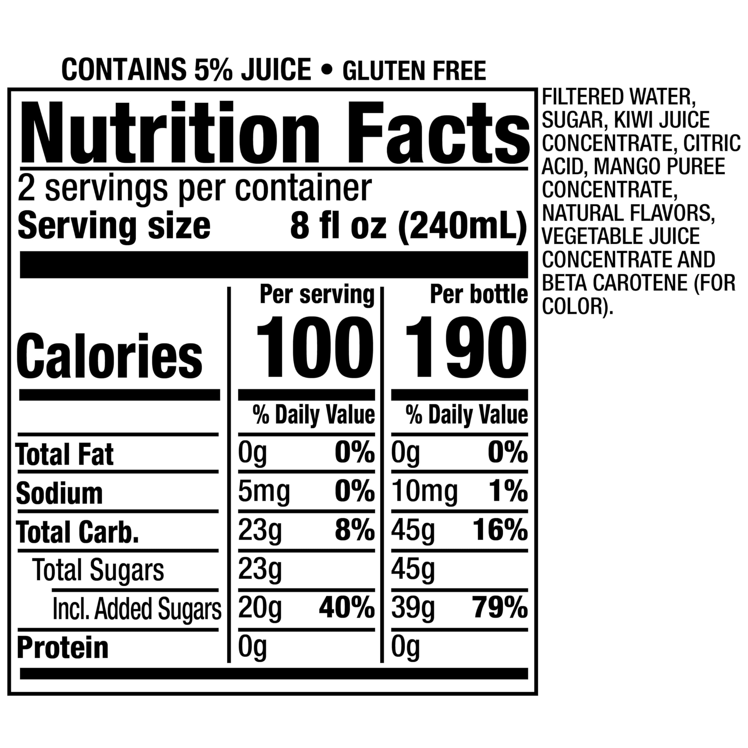 Snapple Mango Madness bottle label highlights 5% real juice and natural ingredients