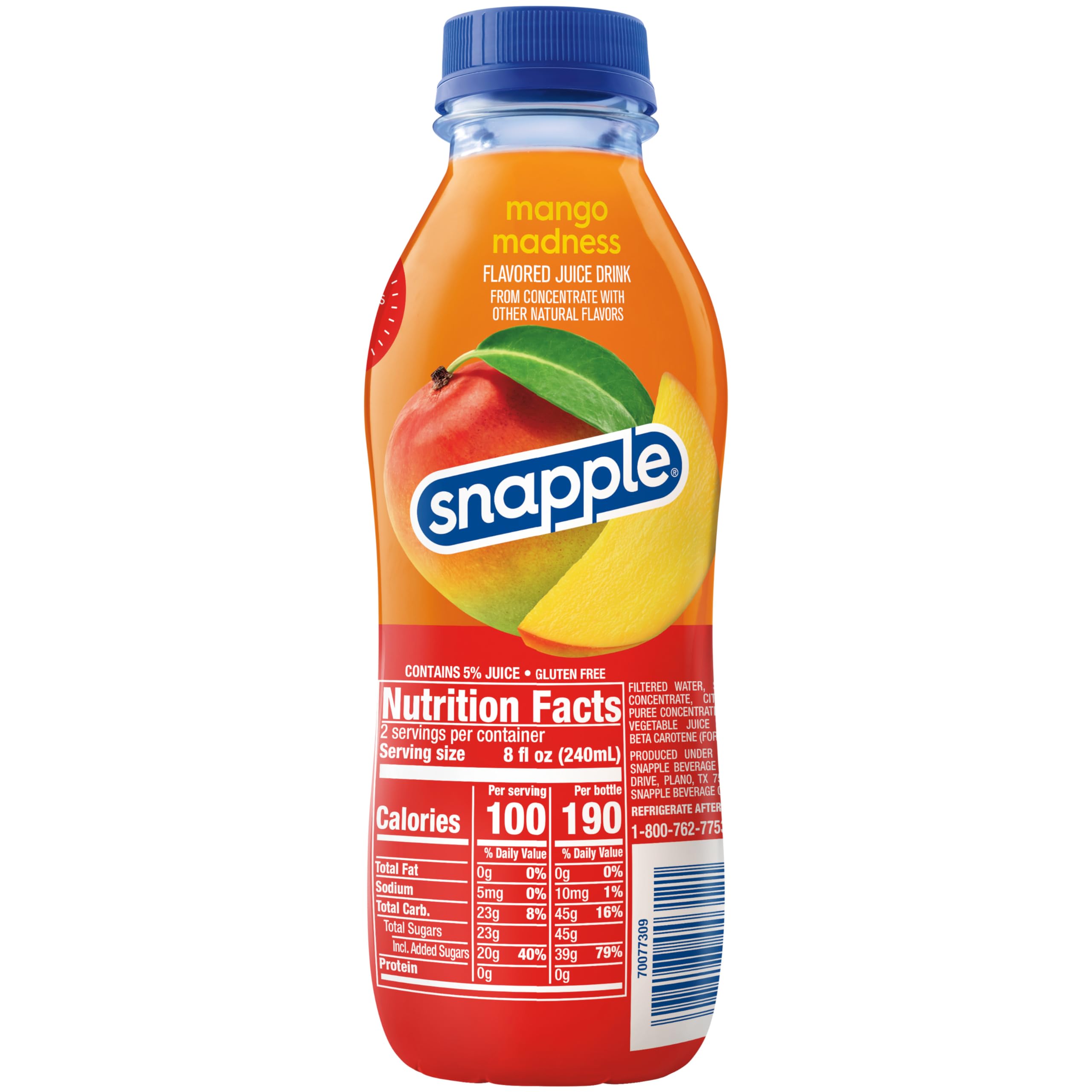 Close-up cap on Mango Madness bottle shows no artificial flavors