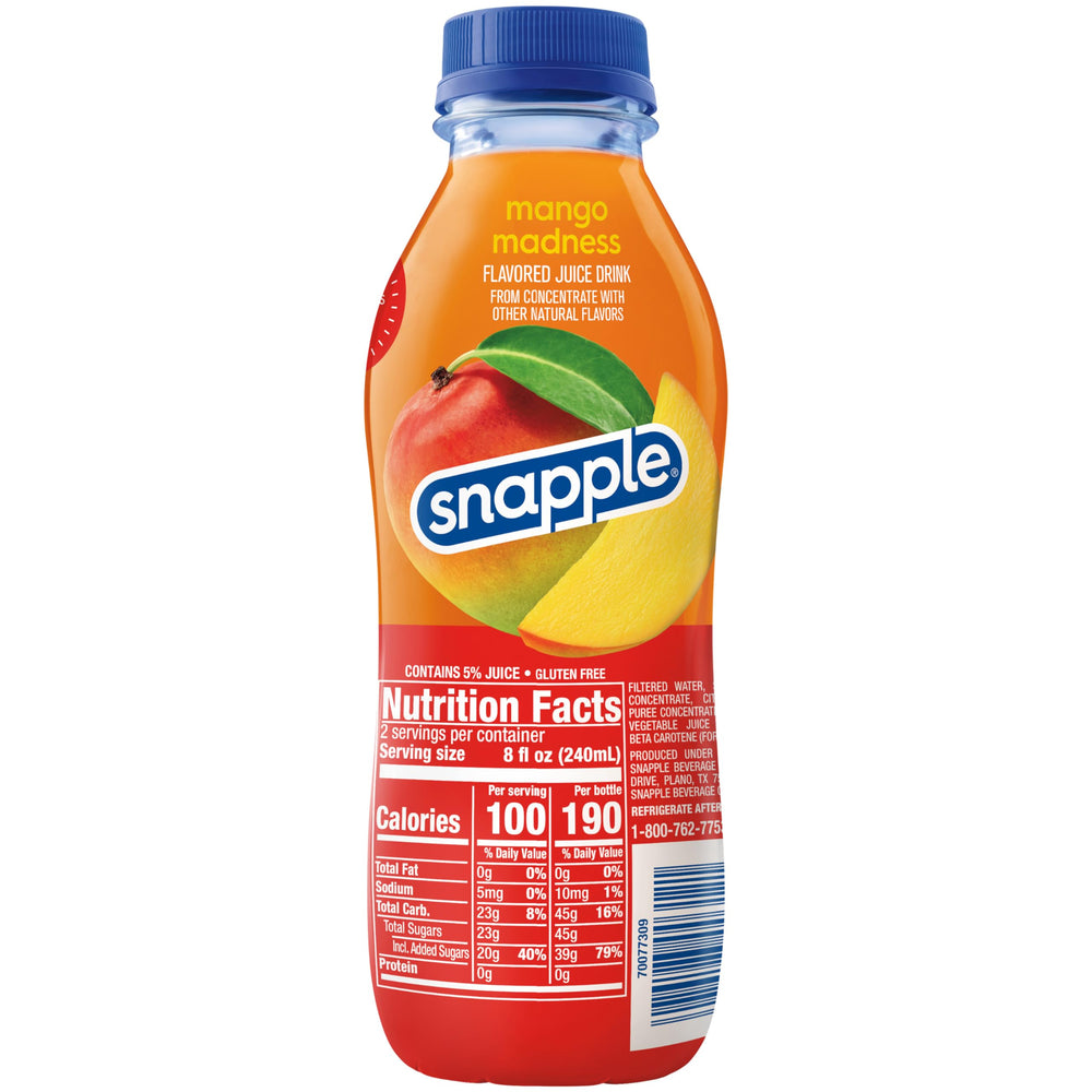 Close-up cap on Mango Madness bottle shows no artificial flavors