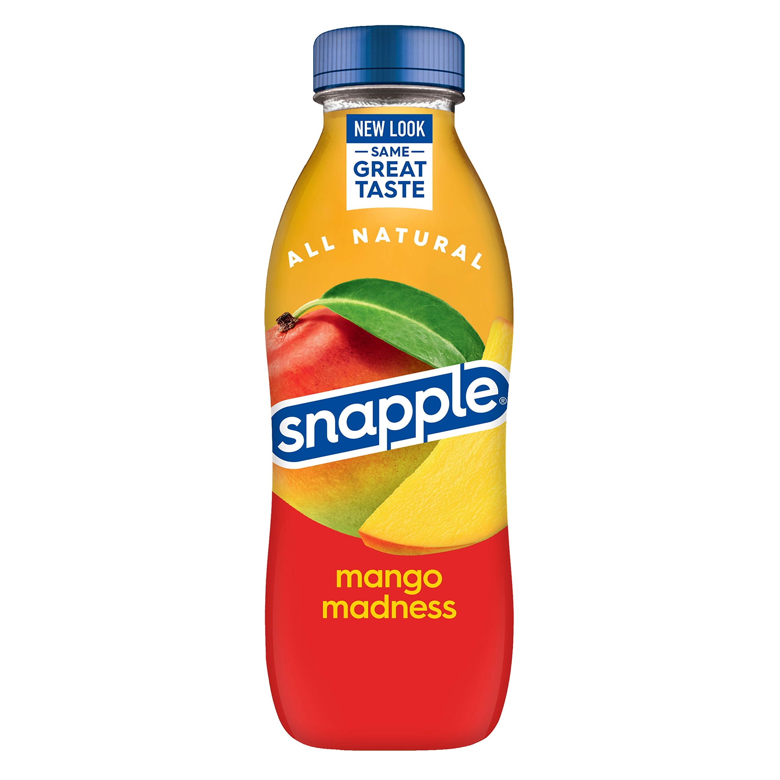 Glass filled with Snapple Mango Madness with tropical mango aroma implied