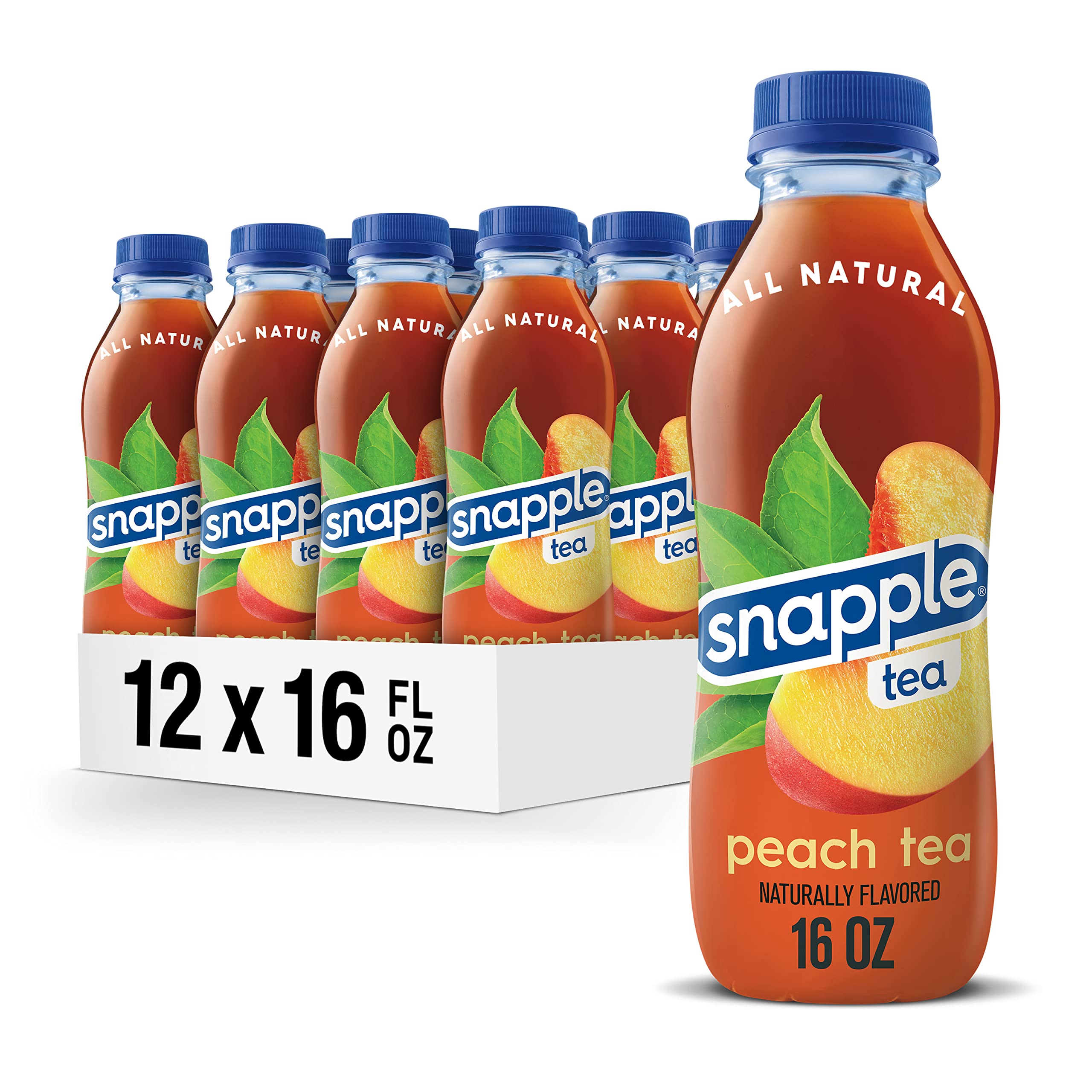 Snapple Peach Tea 16oz bottle highlighting natural peach flavor