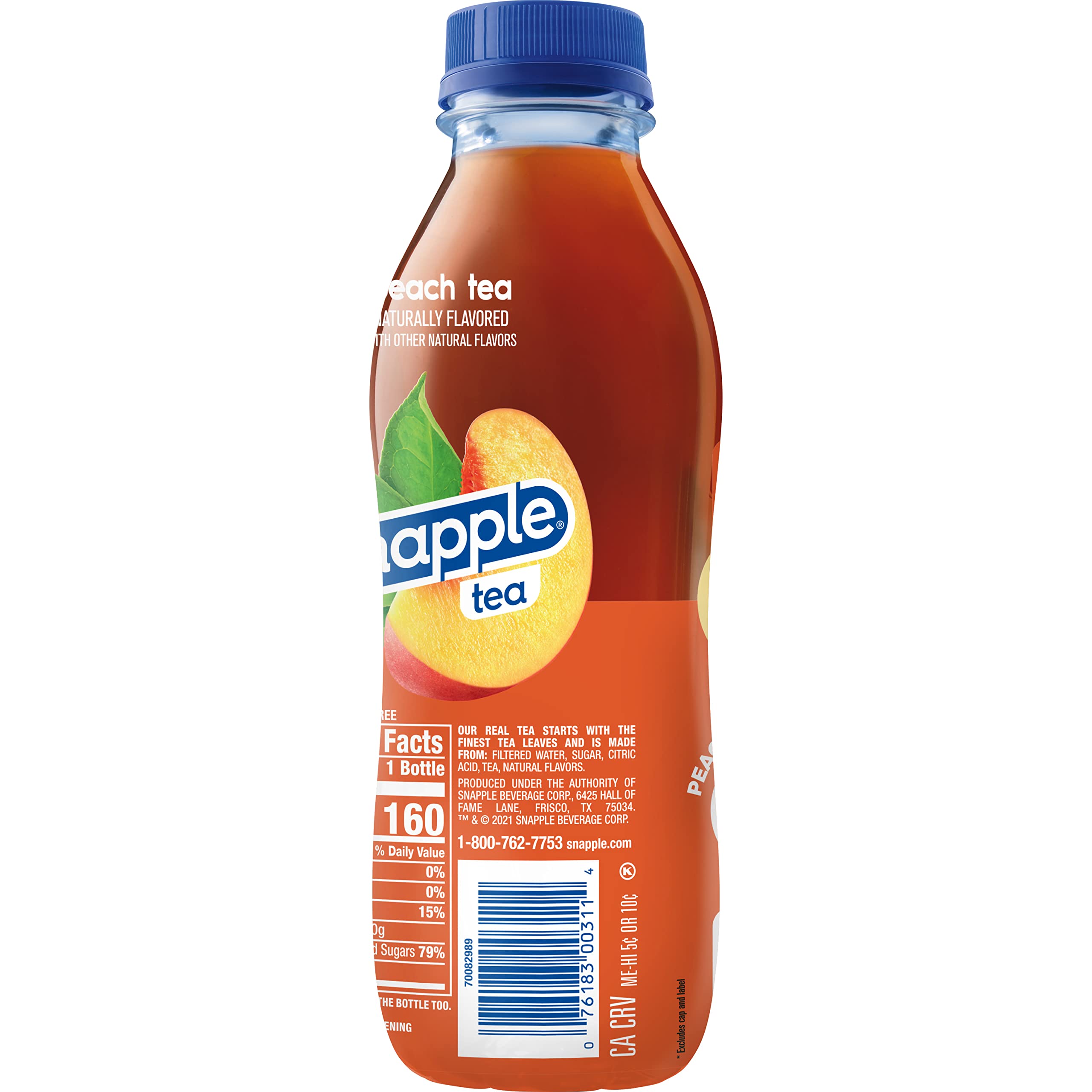 Pack of 12 Snapple Peach Tea bottles on grocery shelf